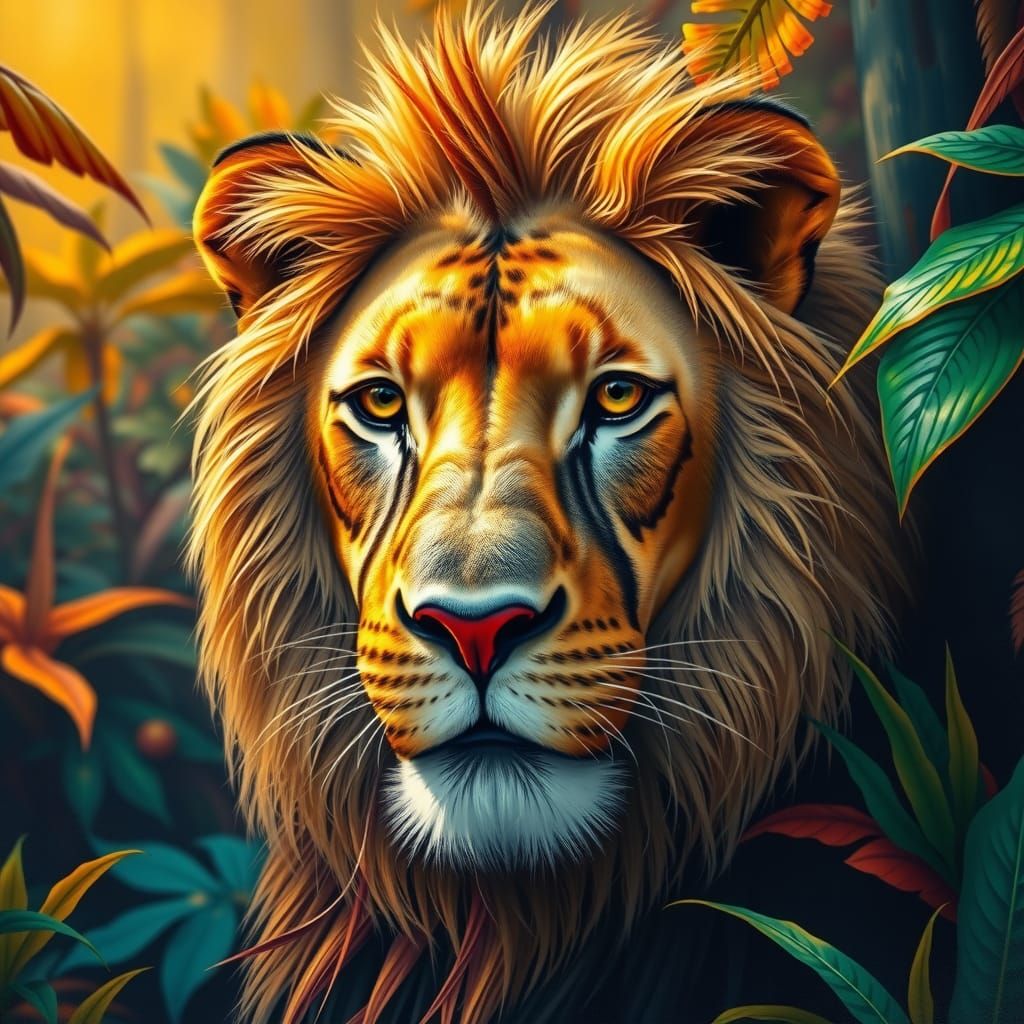 Impasto painting Male Lion with facial view