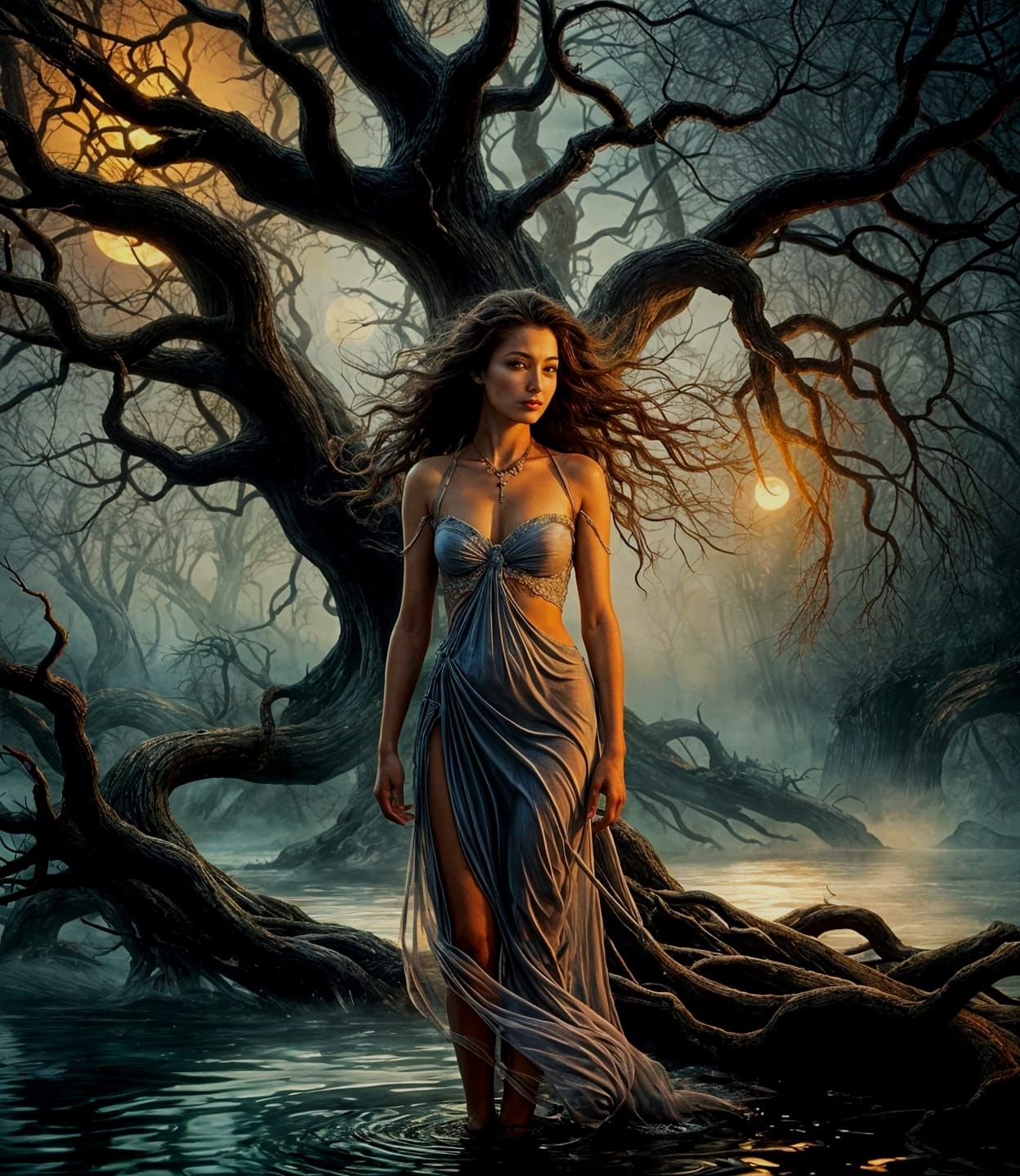 Surreal Biomorphic Tree Woman Under Moonlight