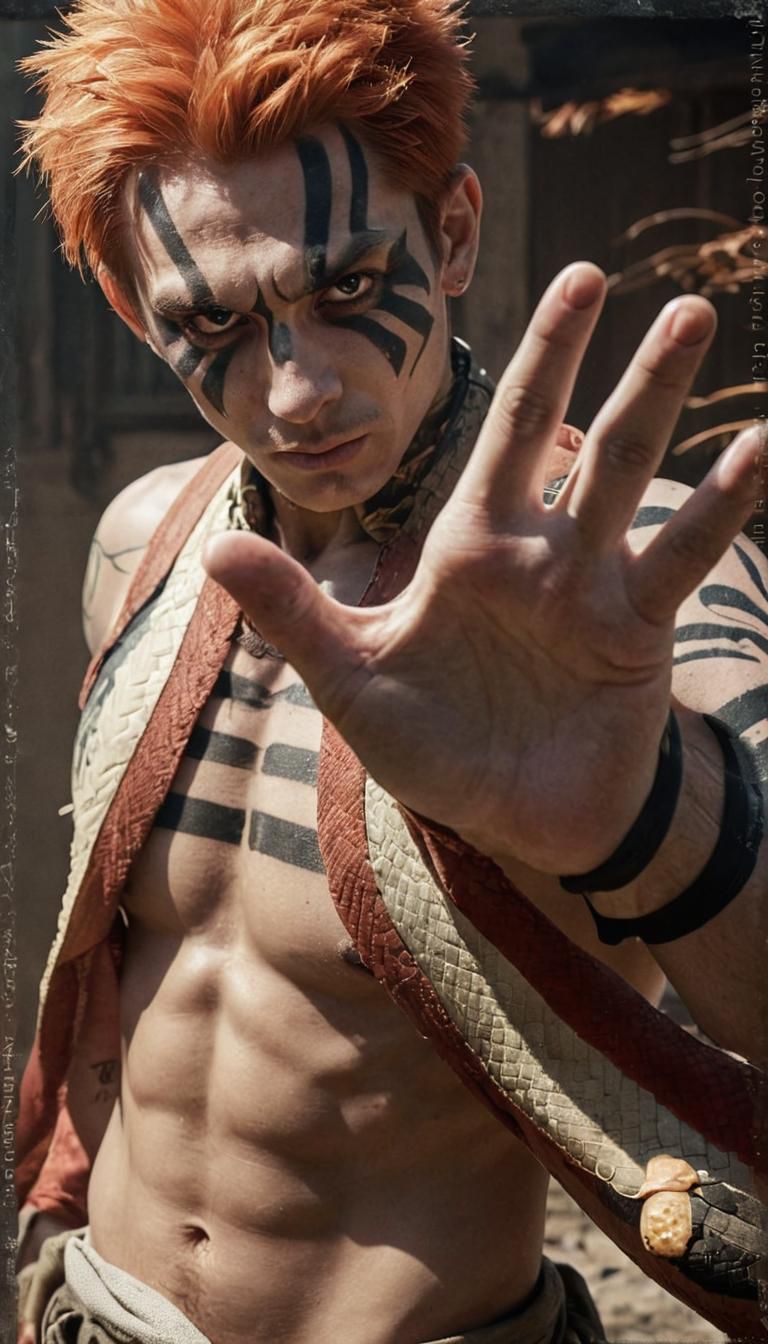 Live-Action Man with Tribal Tattoos in Cinematic Style