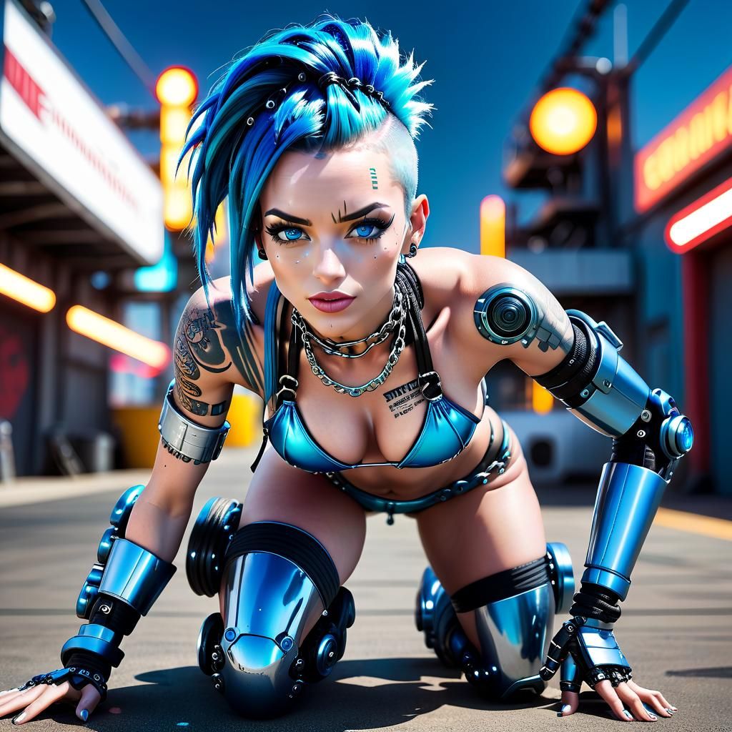 Punk Woman with Mecha Exoskeleton in Sci-Fi City