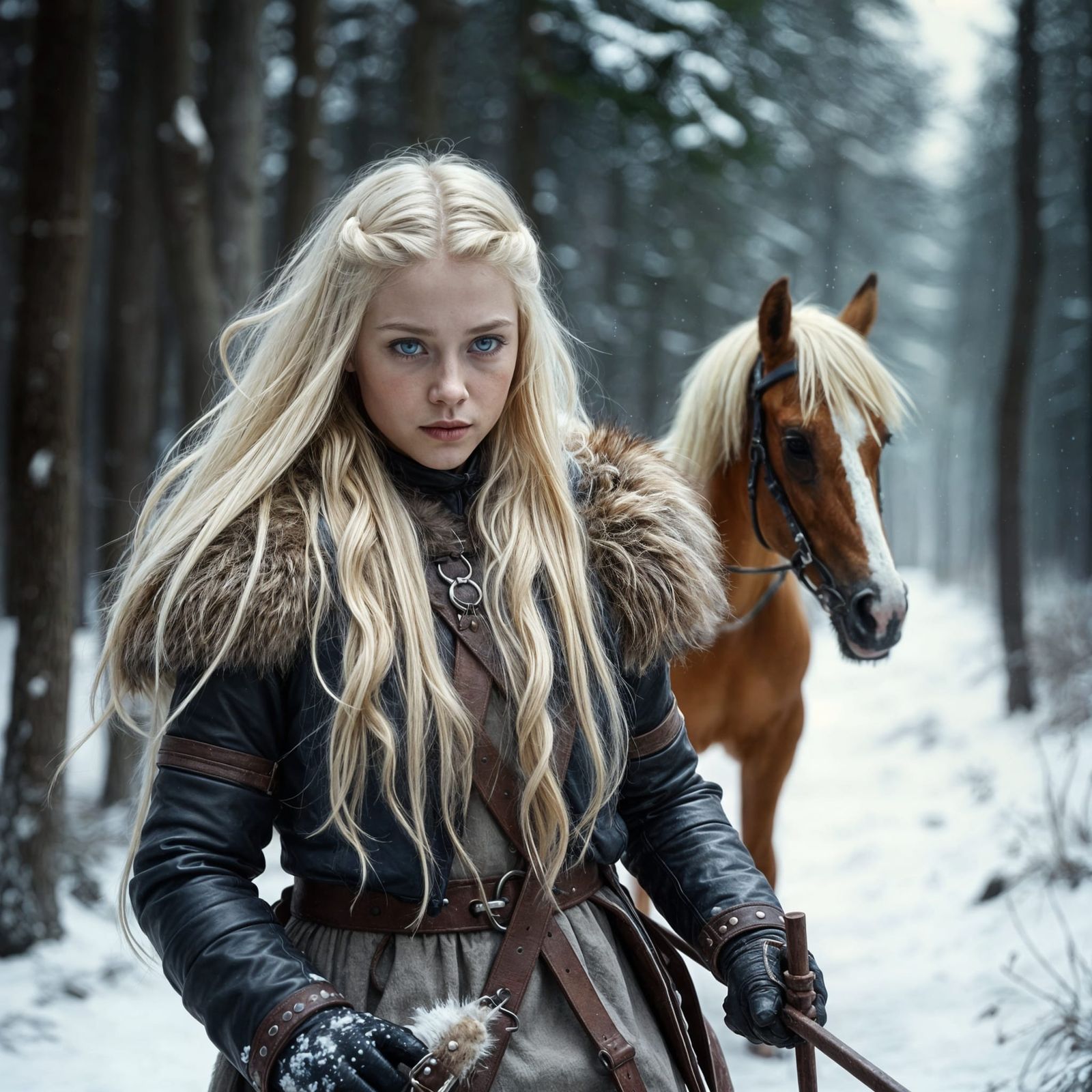 Viking Girl and Horse in Snowy Forest - Cinematic Film Still