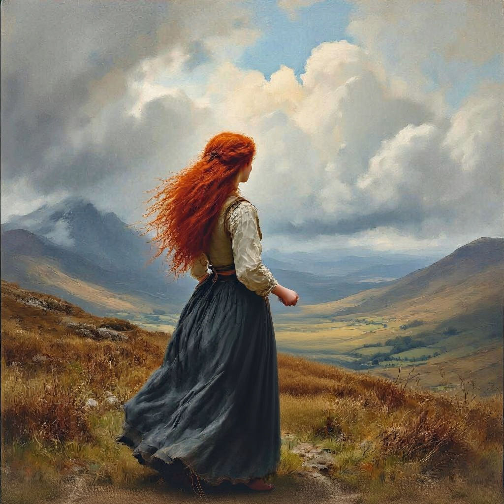 Scottish Woman with Red Hair in Highlands Landscape