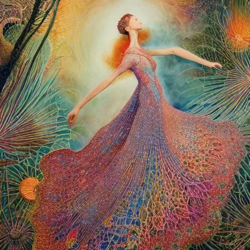 Woman Dancing in Surreal Sun and Moon Flower
