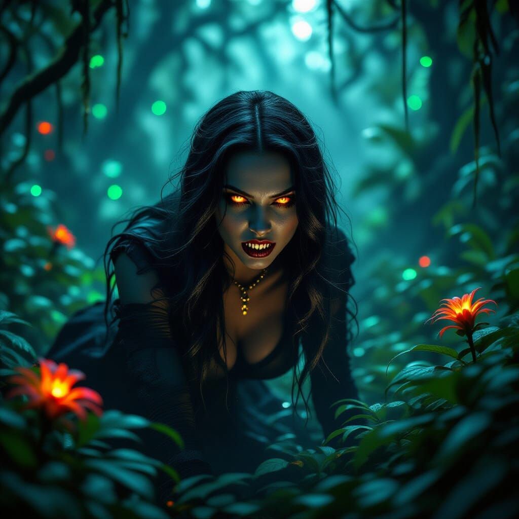 A female vampire, her eyes gleaming with hunger