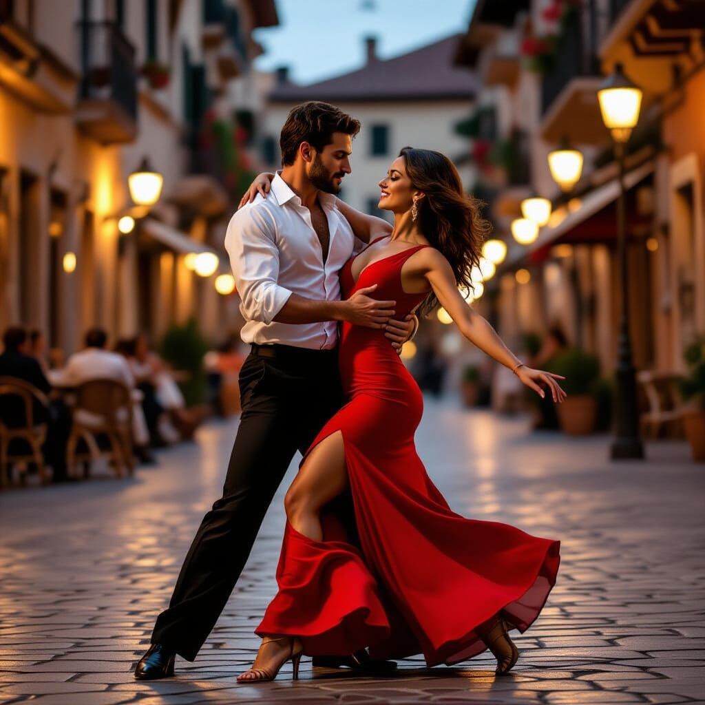 Passionate Tango Dance in Warm Evening Square