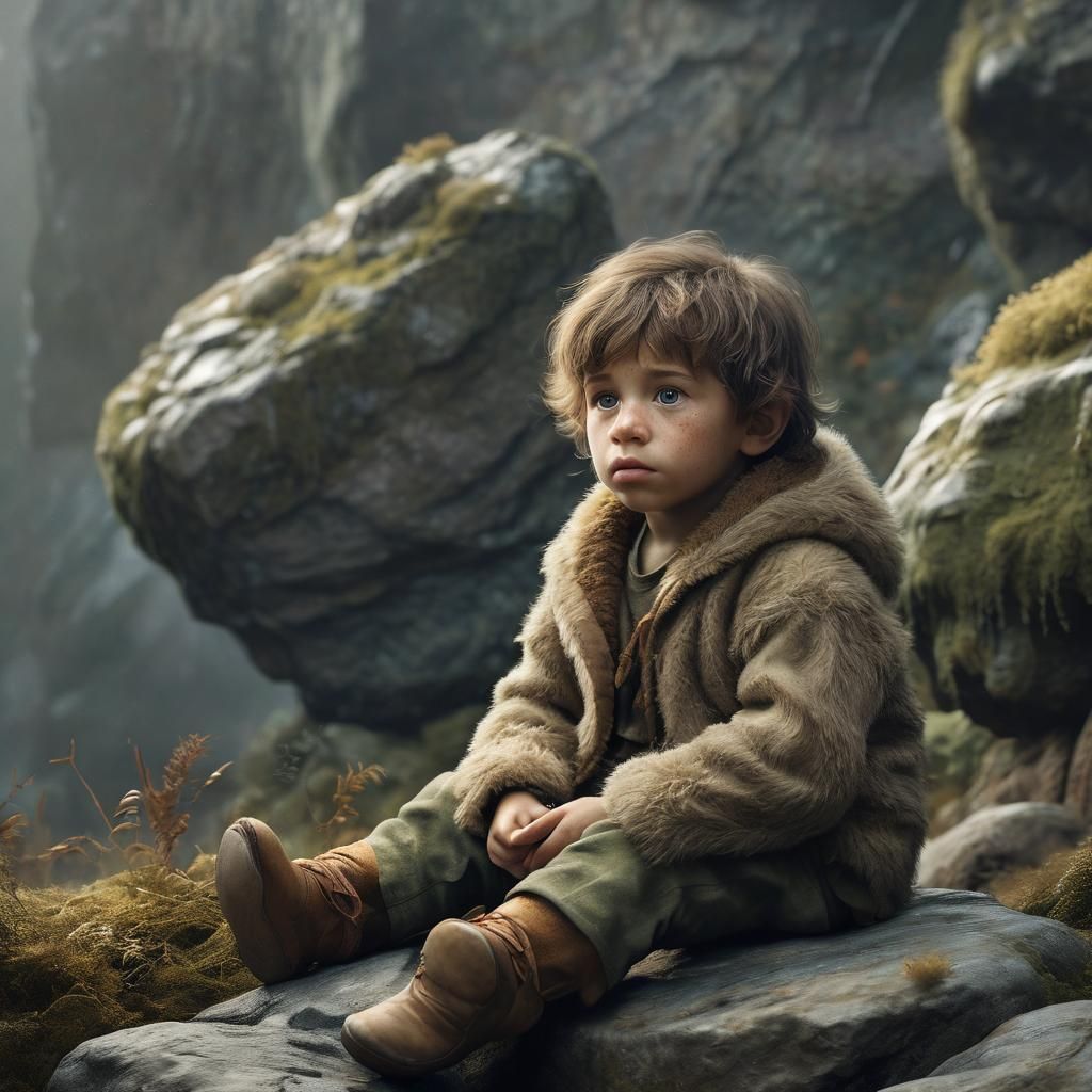 Neanderthal Child Portrait in Ice Age Landscape