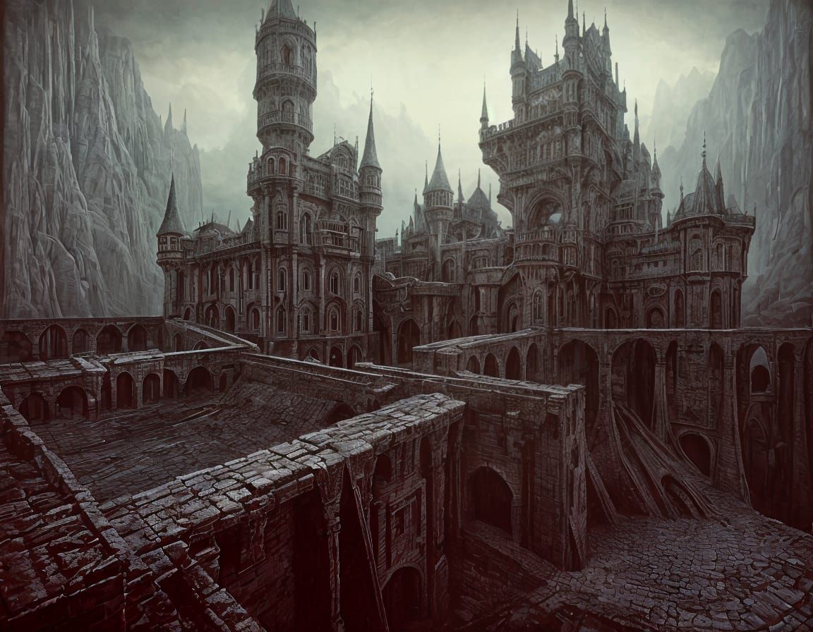 Surreal Castle with Drawbridges, Dark Art