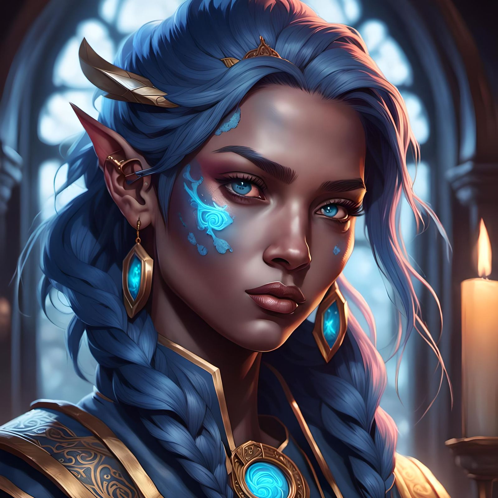 Female College Student, Blue Skin, with Storm Tattoos,