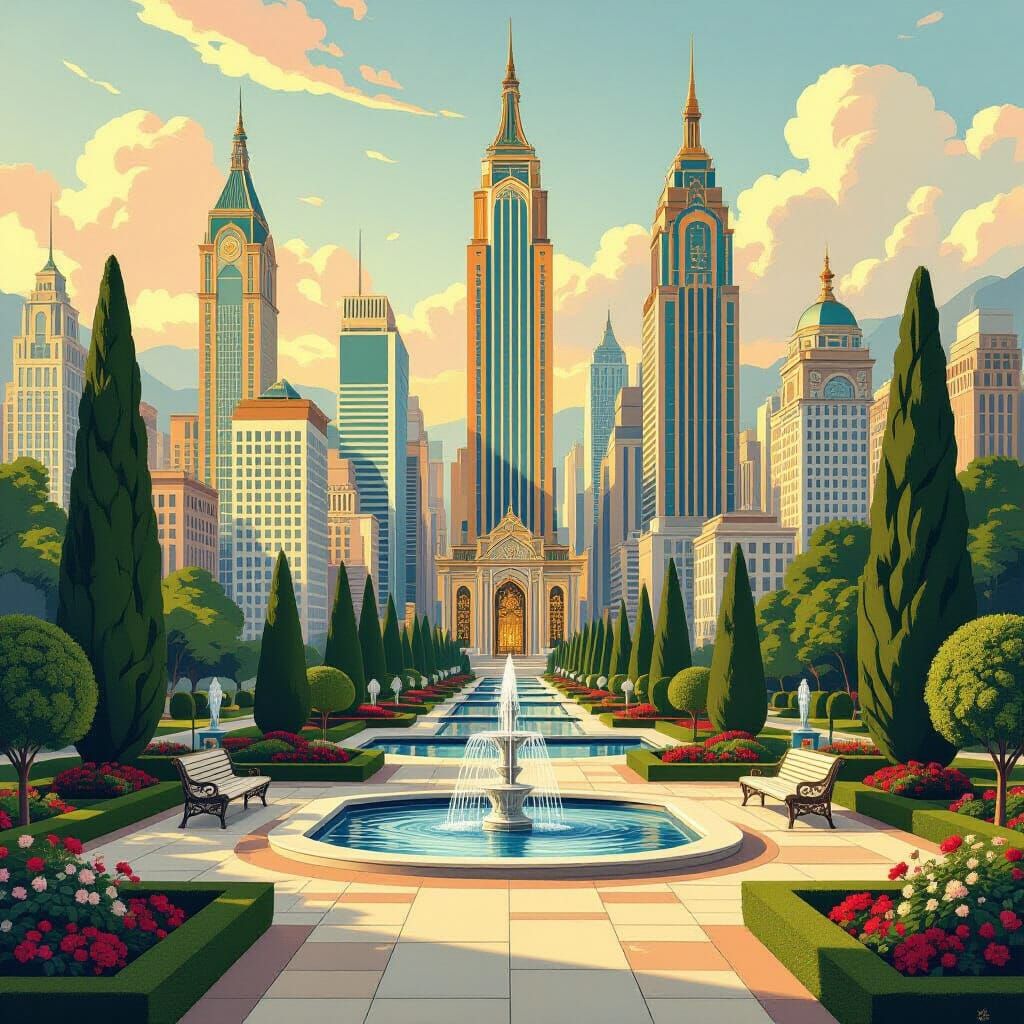 Art Deco Cityscape at Sunset