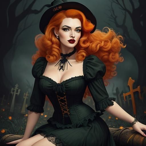 Vampire Witch Pin-Up in Graveyard: Gothic Halloween Art