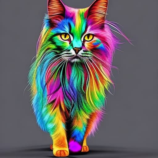 Rainbow Maine Coon Cat in 3D Digital Art