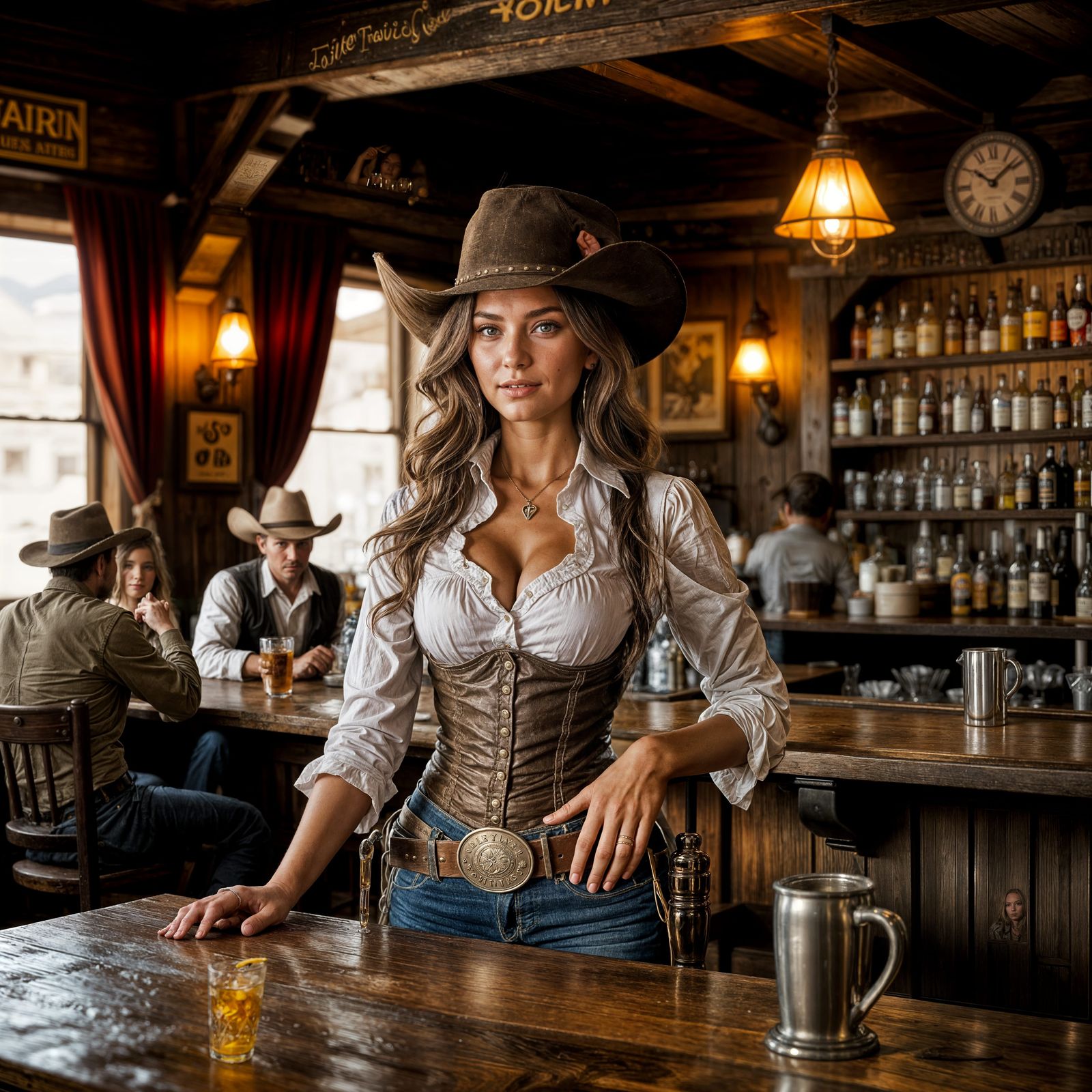 Wild West Saloon Scene with Bartender and Patrons