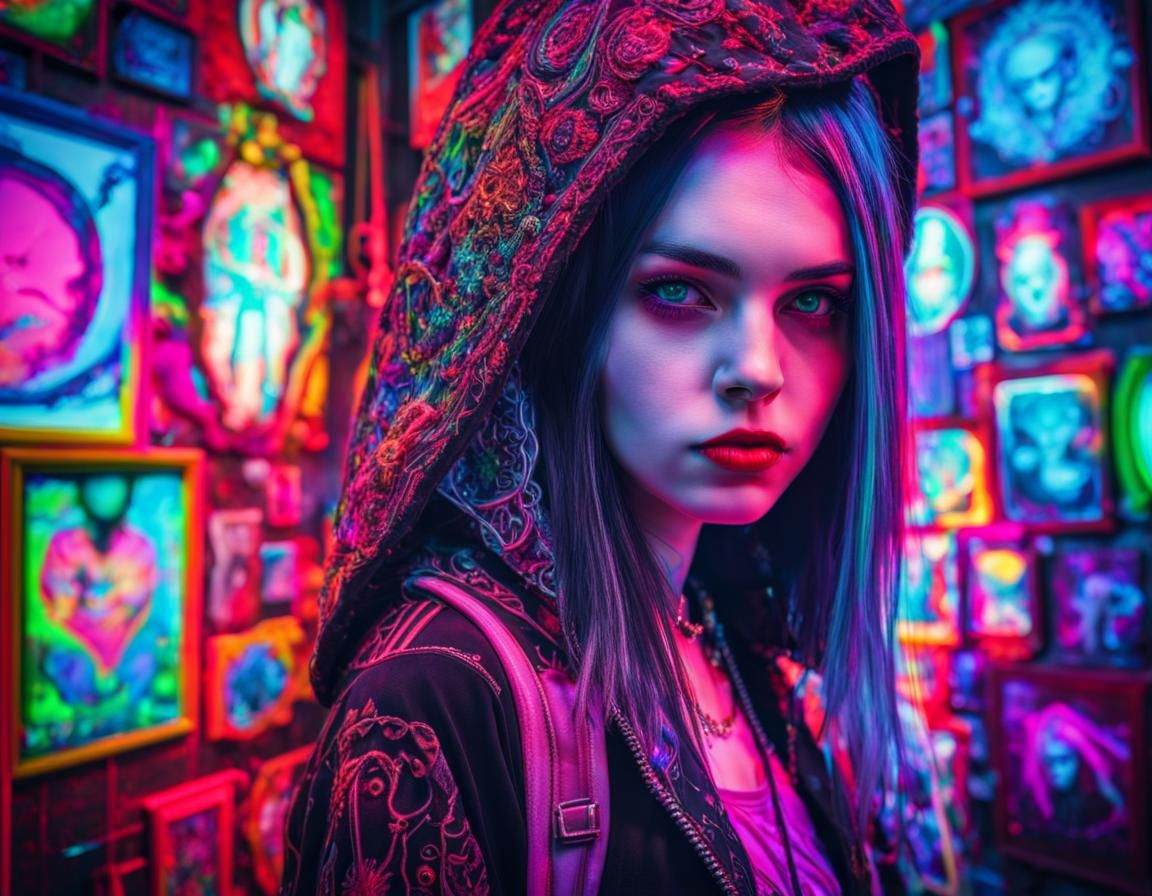 Neon Gothic Girl in Dreamy Cyberpunk Aesthetic