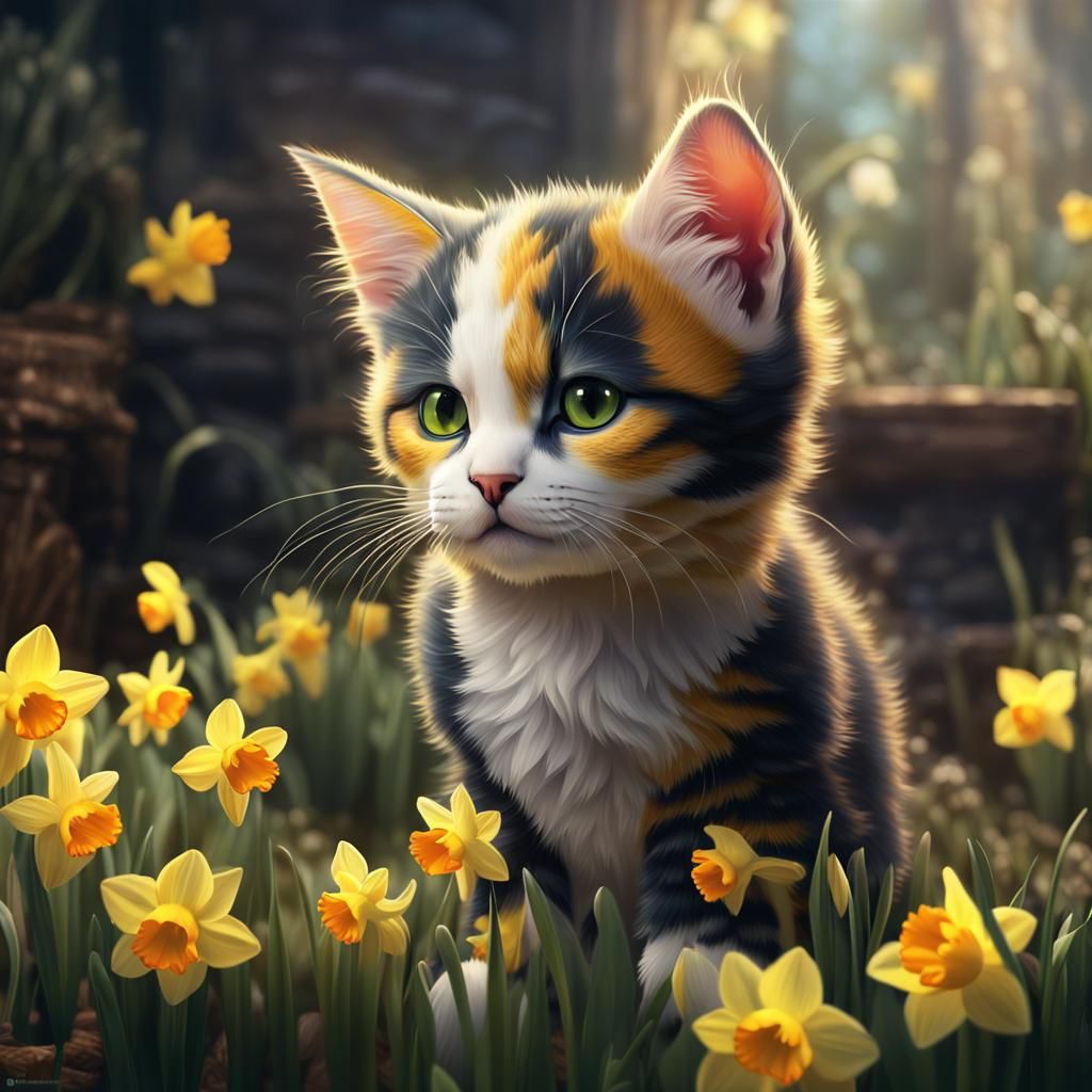 Calico Kitten and Daffodils: Fantasy Concept Art