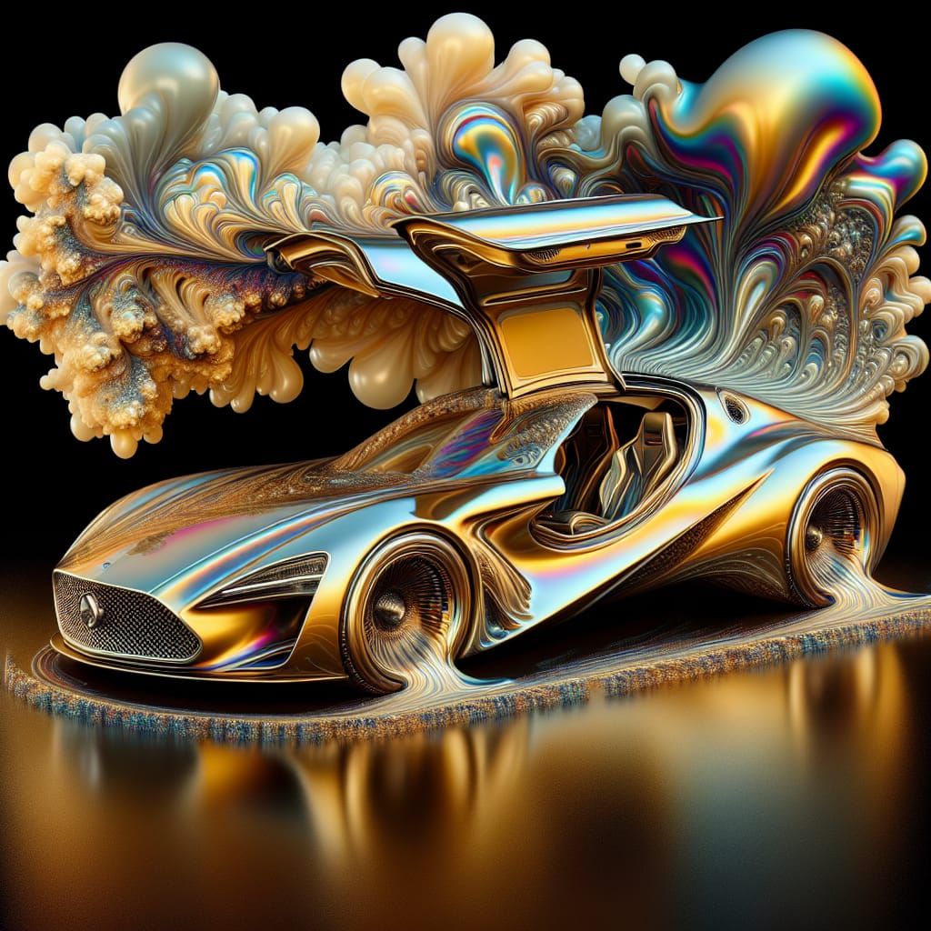 Melting Crystal Car in Surreal Iridescent Clouds