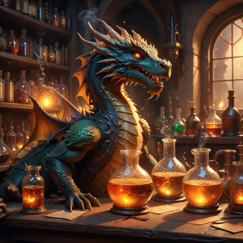 Dragon Alchemist Mixing Potions in Laboratory