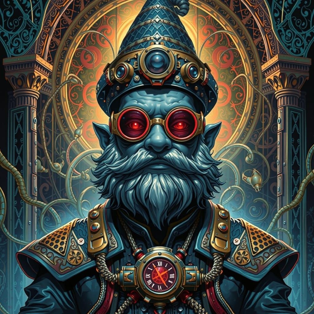 Giger-Inspired DMT Machine Gnome in Ornate Comic Book Style