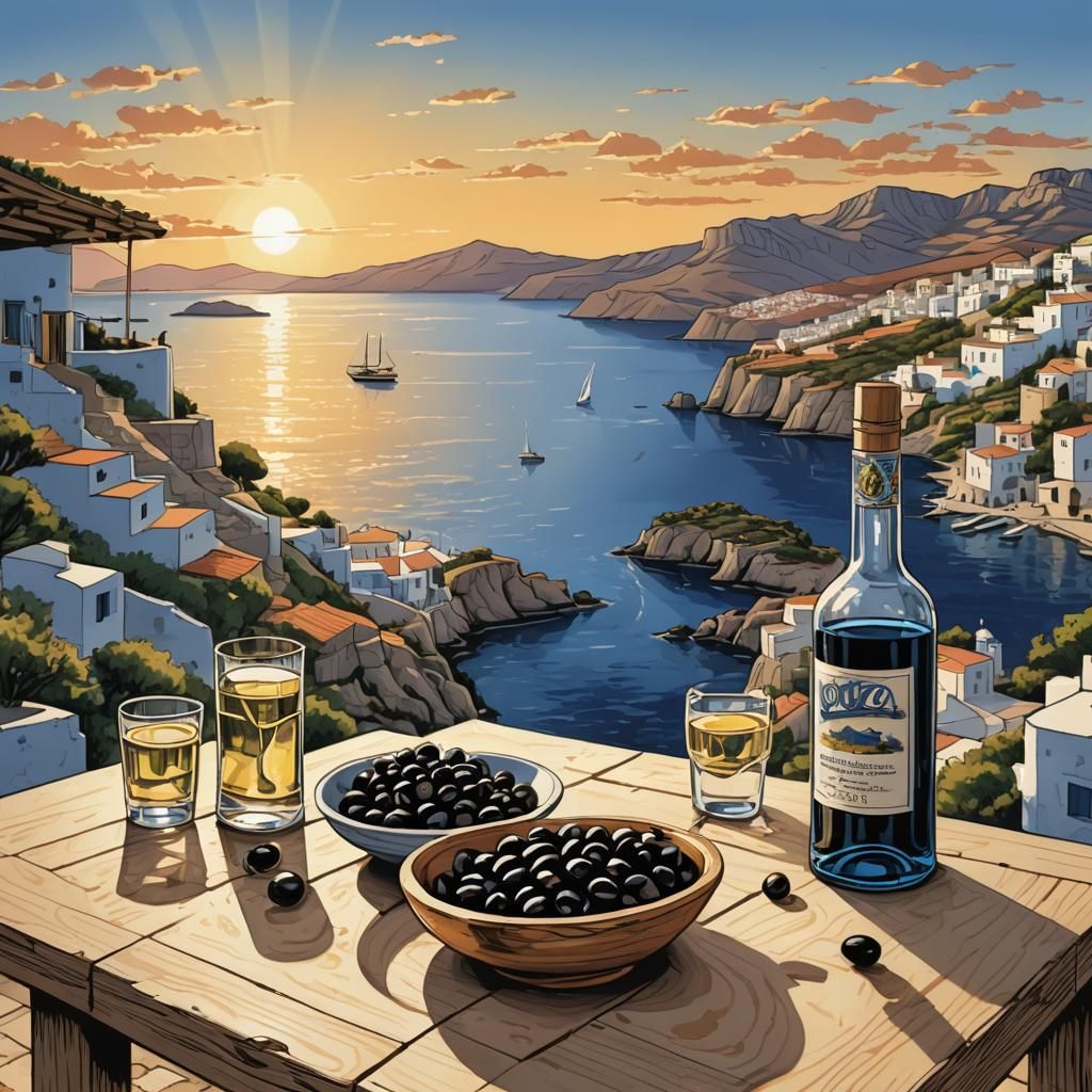 Greek Island Sunrise with Ouzo, Comic Book Art