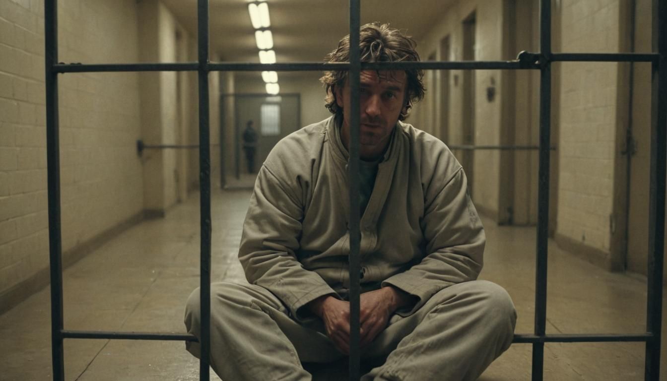 Desolate Man in Straitjacket Through Prison Bars