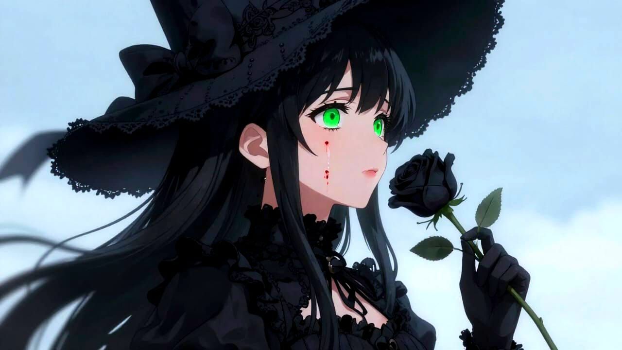 Anime Girl in Gothic Dress Smelling Black Rose