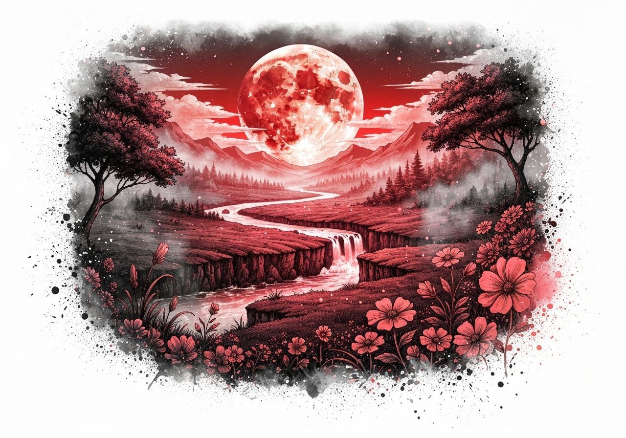 Harvest Moon Over Lush Landscape in Ink Splatter Style