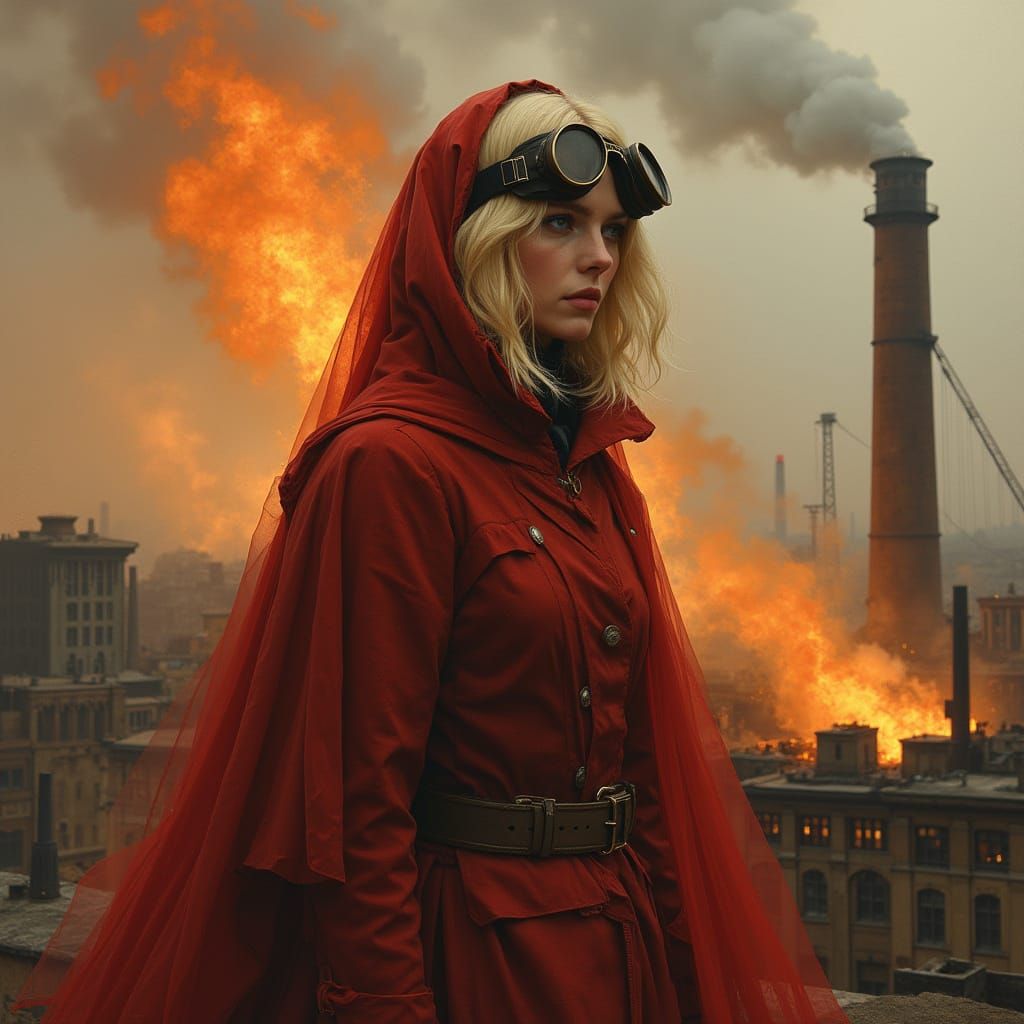 Victorian Woman on Factory Roof as Impasto Painting