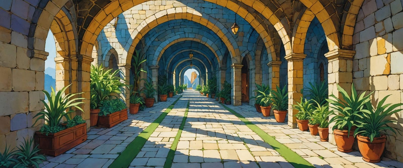 Mysterious Castle Passageway with Travertine Arches and Sunl...