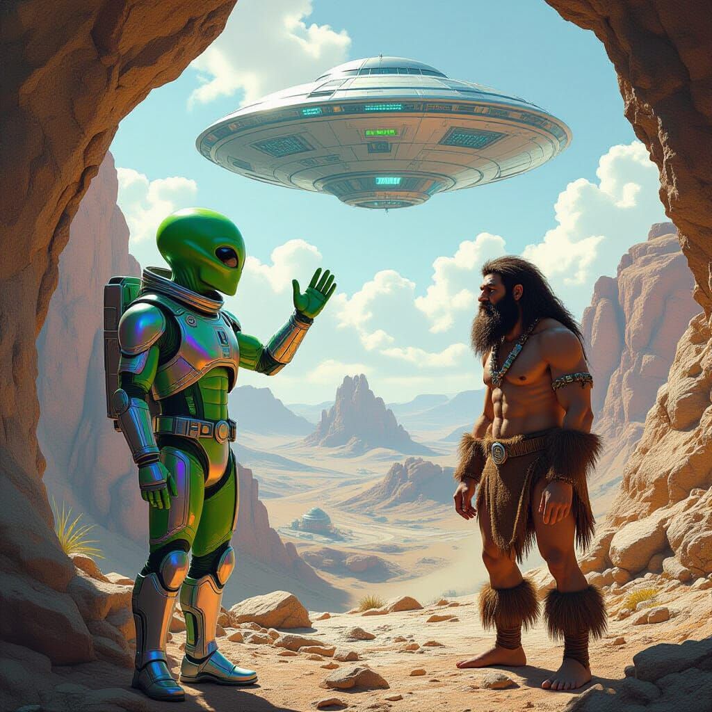 Alien Greets Neanderthal in Sci-Fi Paleolithic Scene