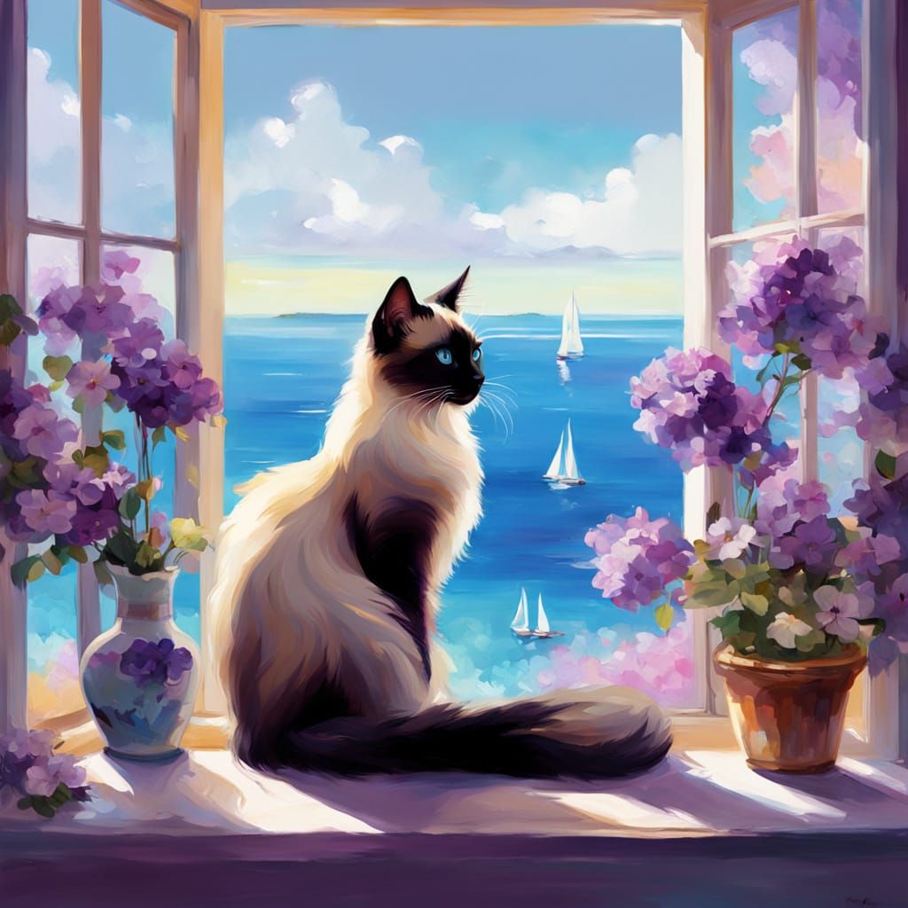 Siamese Cat on Windowsill: Ocean View in Willem Haenraets St...
