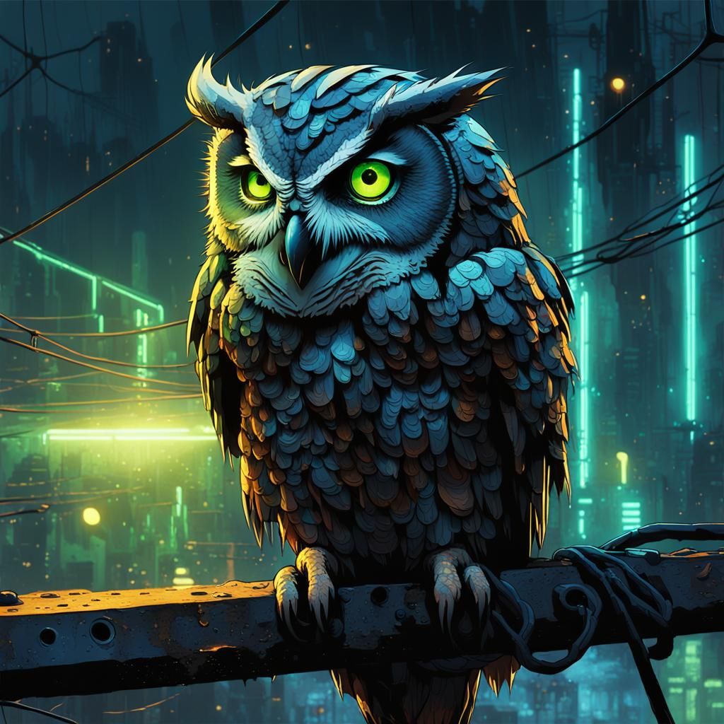 Eerie Owl in Dystopian Cityscape: Gritty Concept Art
