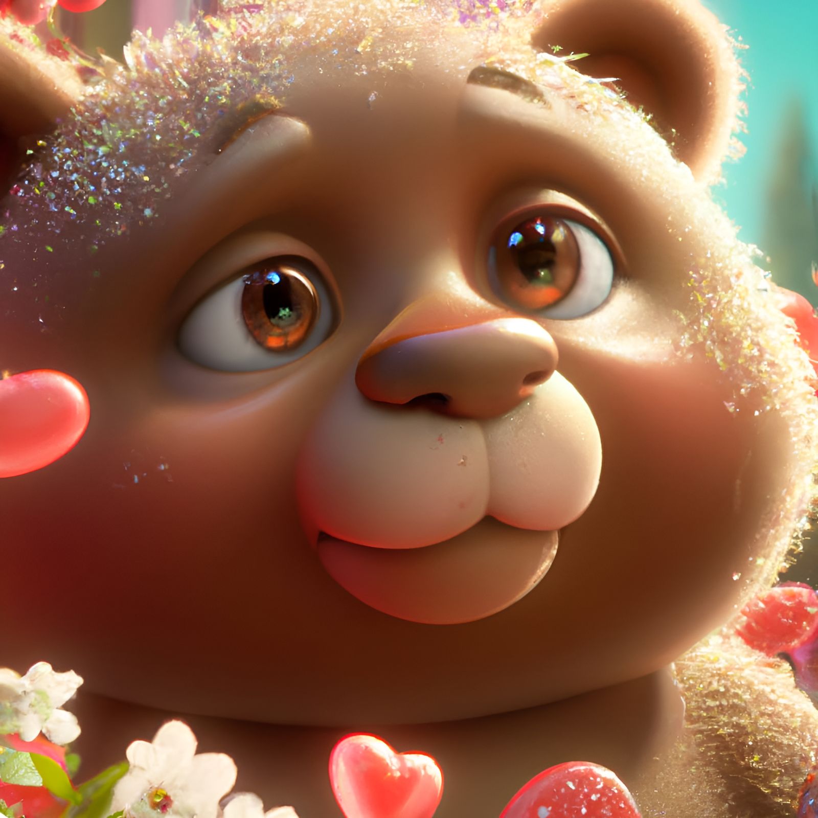 Adorable Teddy Bear with Hearts and Flowers