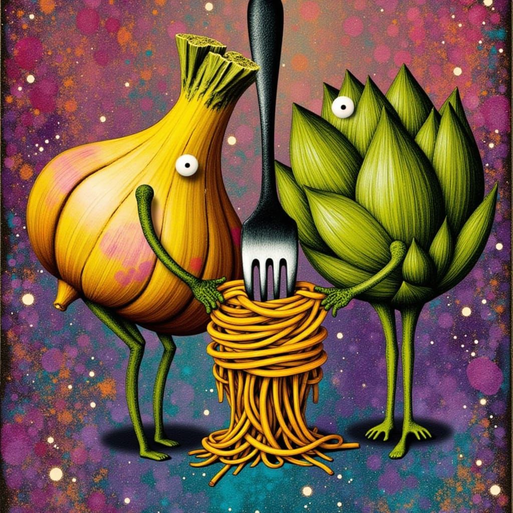Garlic Clove and Artichoke Play with Spaghetti