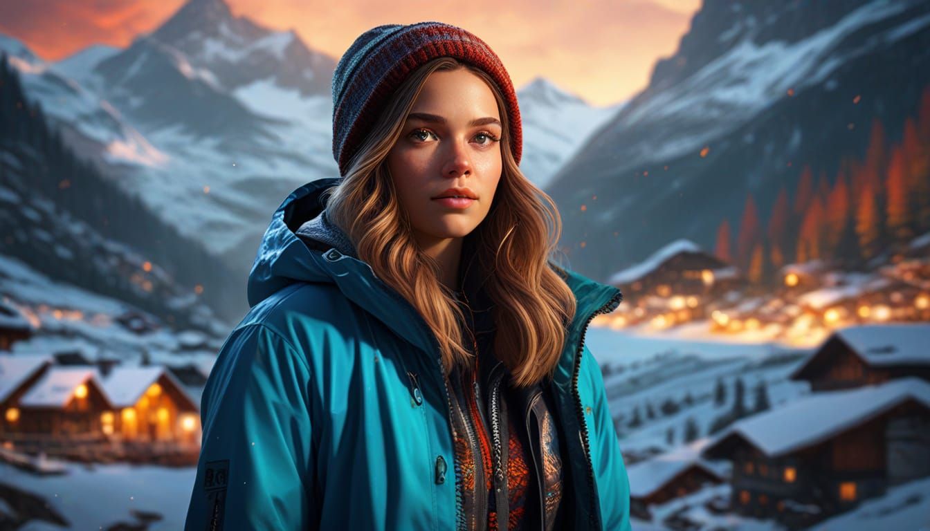 Beautiful Woman in Swiss Alps Hyperrealistic Concept Art