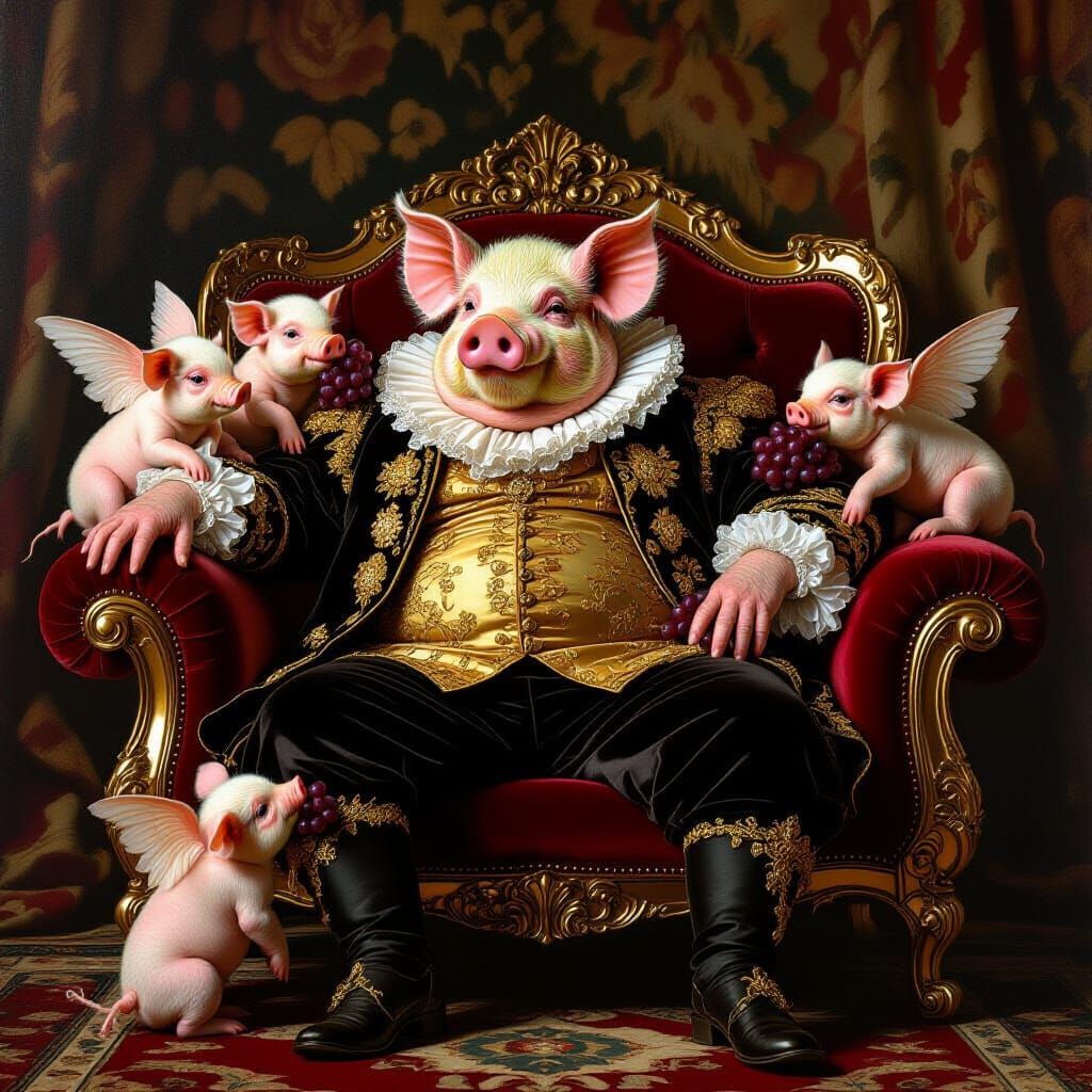 Baroque Pig-Man's Opulent Feast in Caravaggio Style