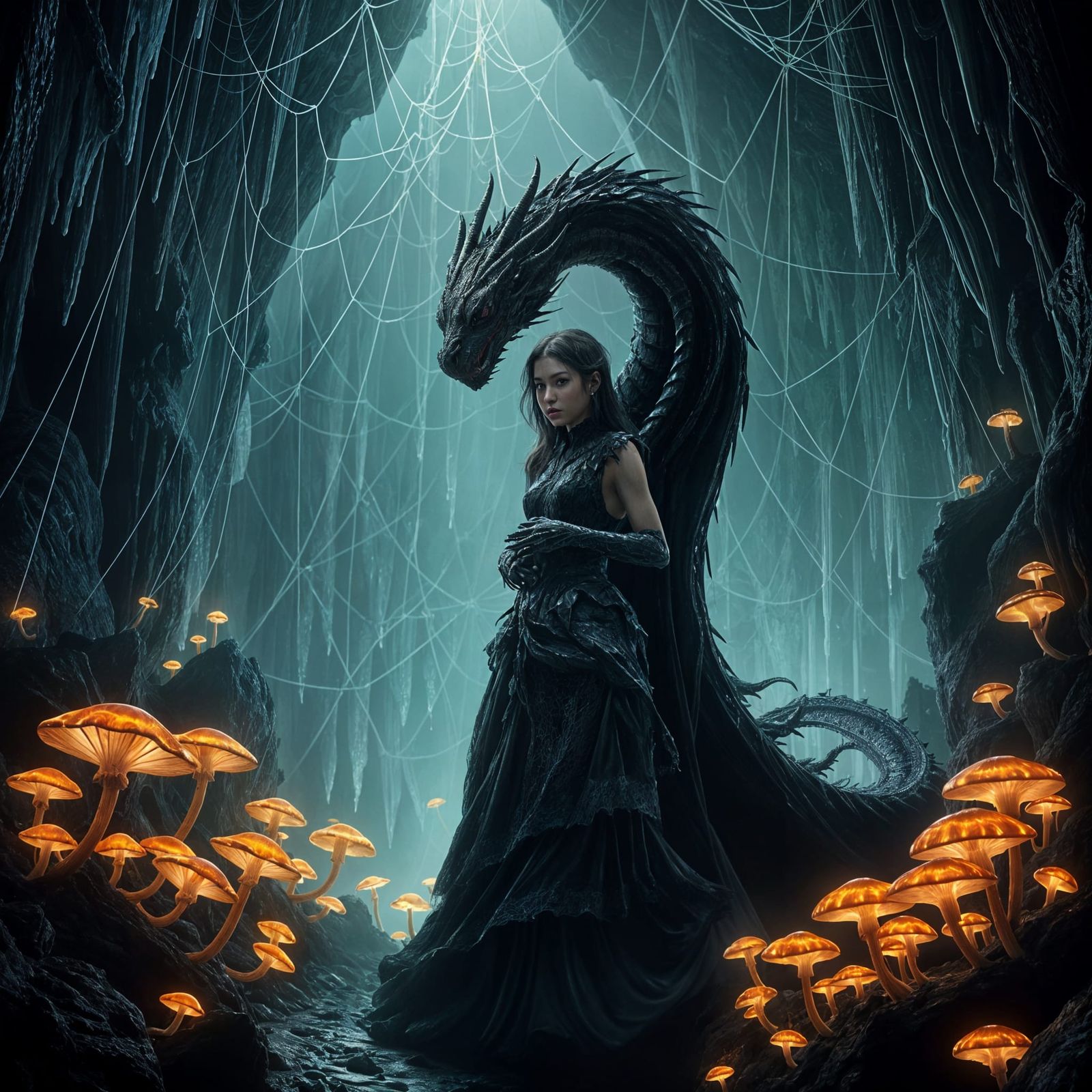 Black Dragon in a Deep Cavern