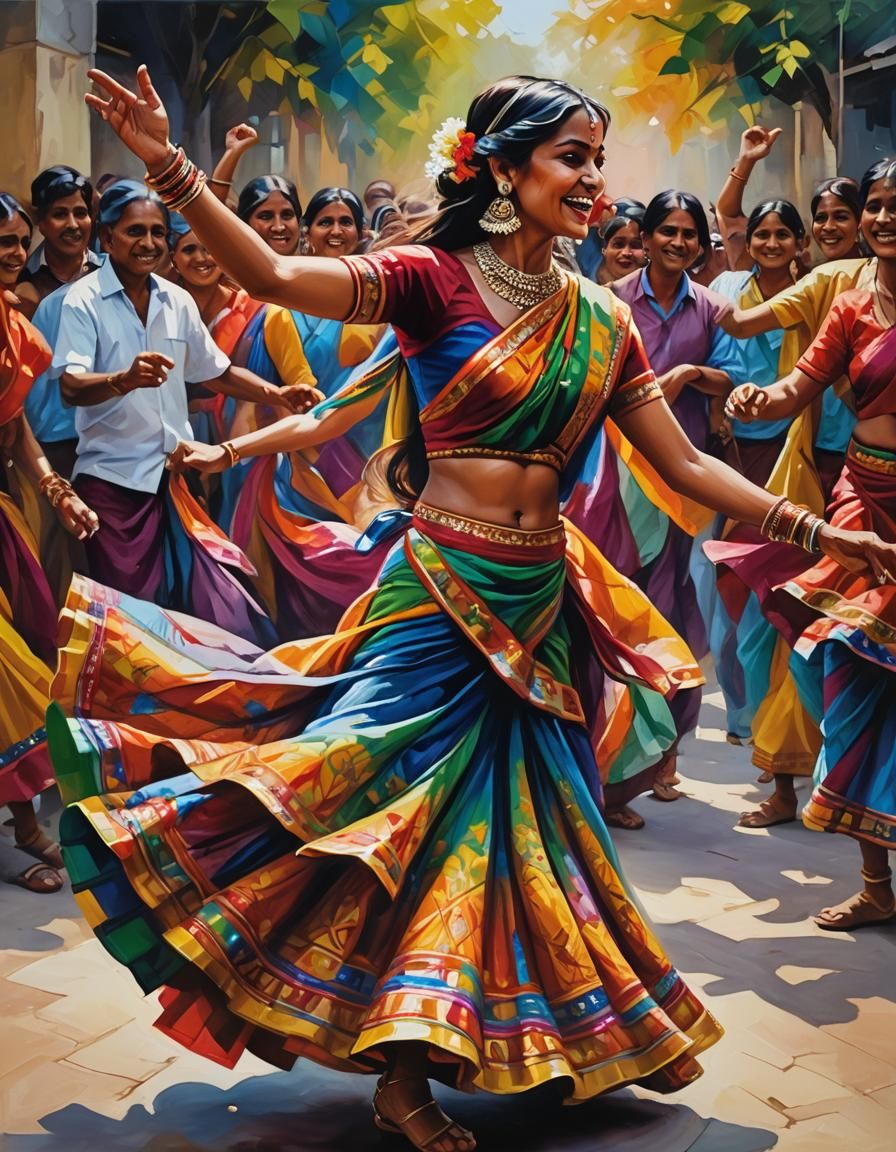 Indian Woman Dancing at Festival in Oil Painting