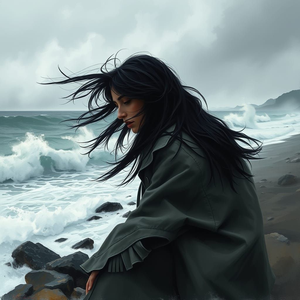 Mournful Woman on Rocky Beach in Expressive Style