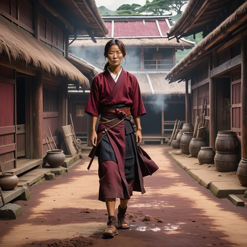 Rustic Japanese Woman in Longhouse Interior