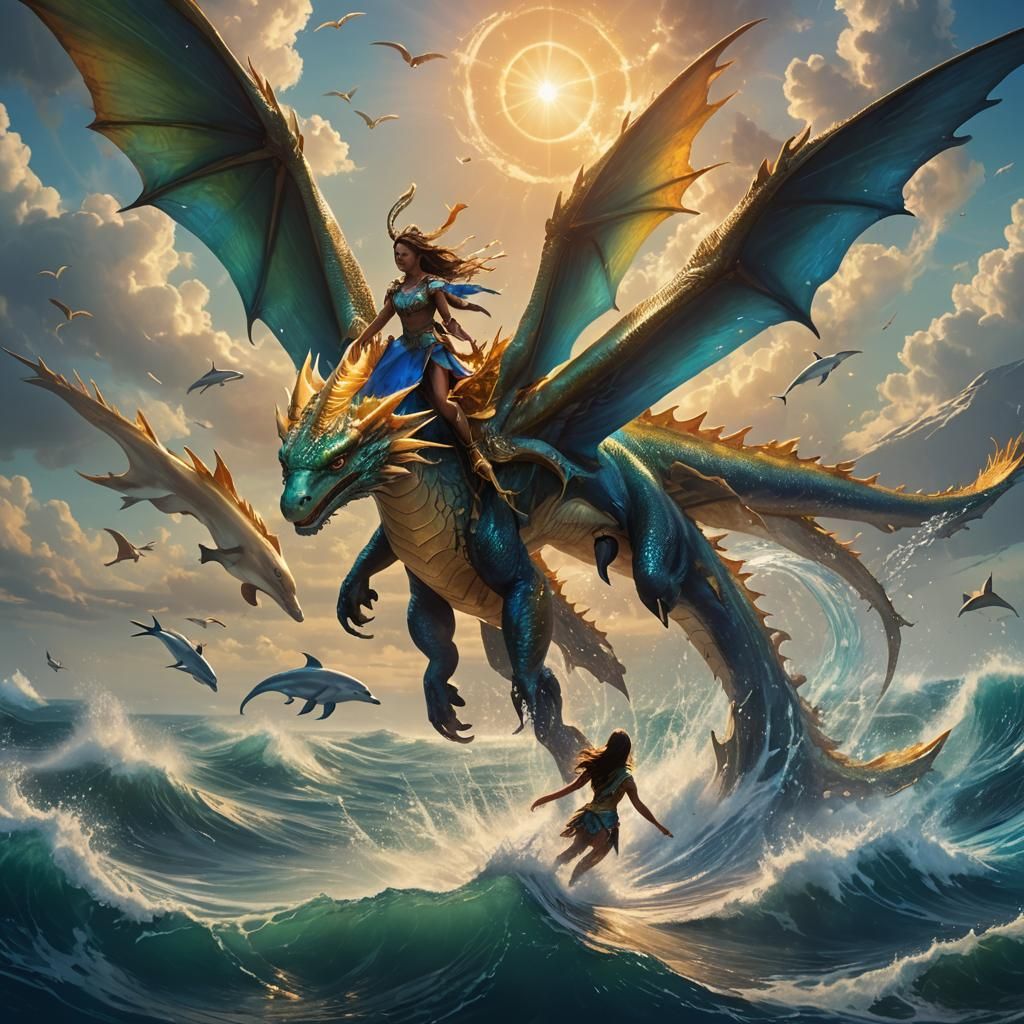 Water Dragon Girl Flies Above Ocean
