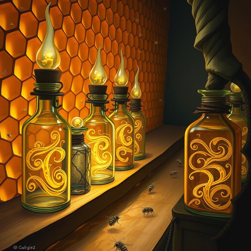 Glowing Magic Potions in Honeycomb Shelves