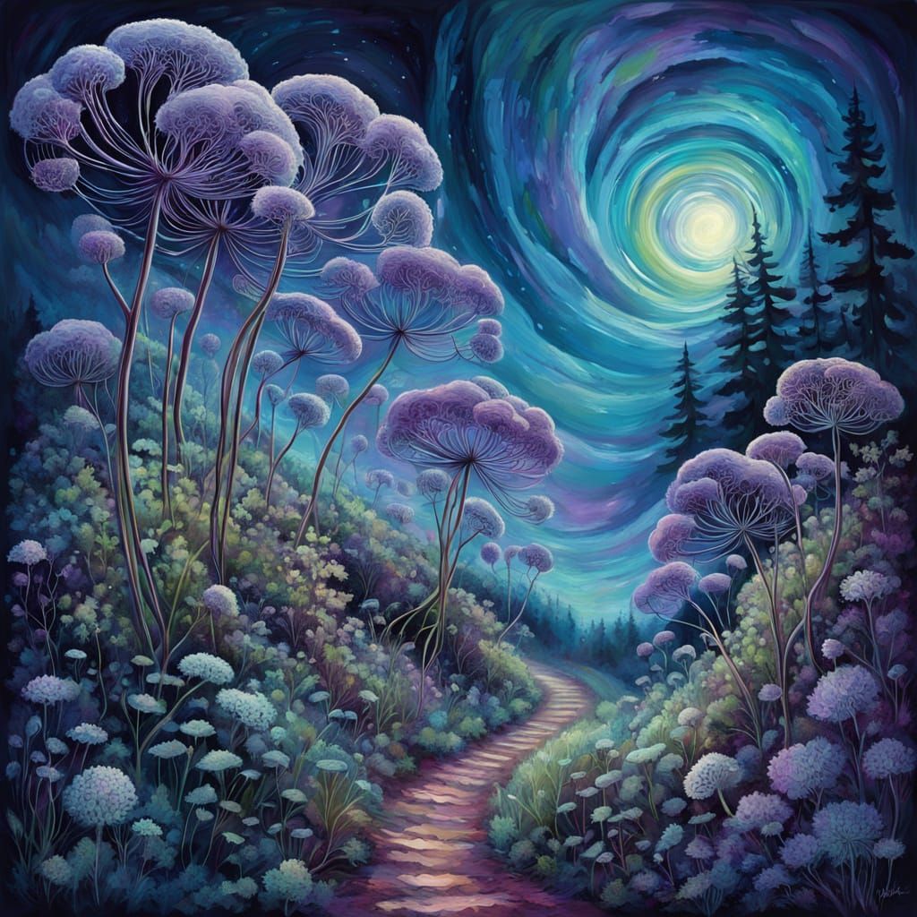 Dreamy Forest Scene with Entwined Umbellifers in Noctilucent...