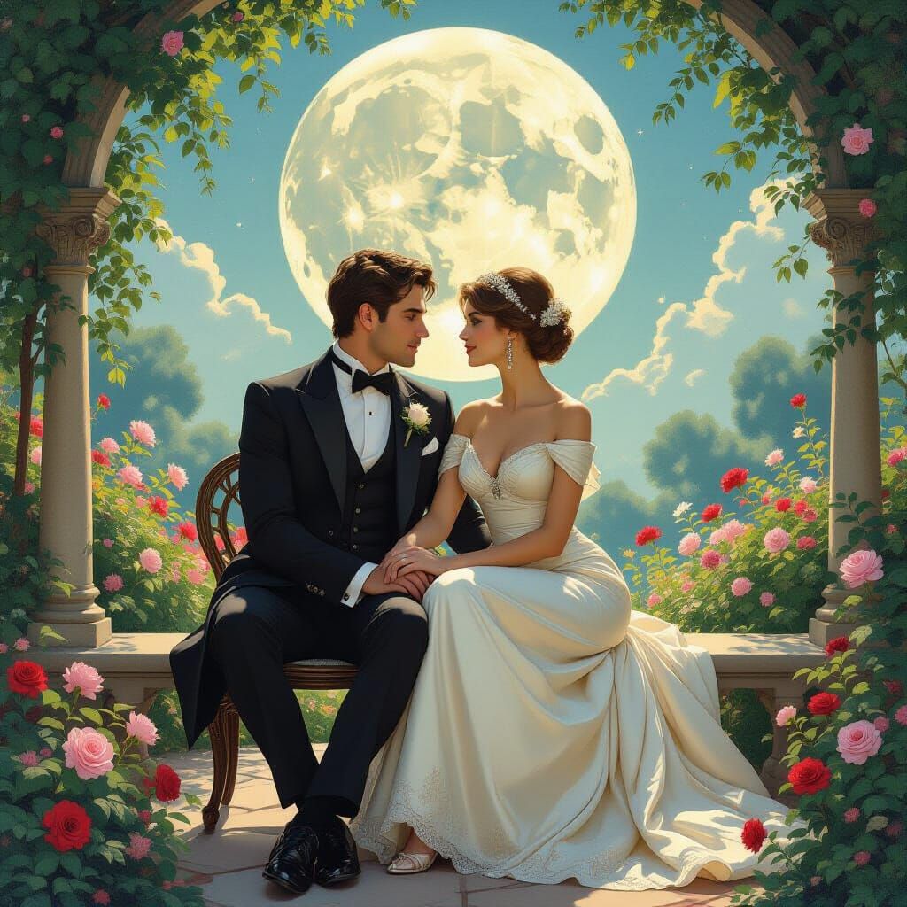 Romantic Couple in Moonlit Garden, Art Nouveau Style