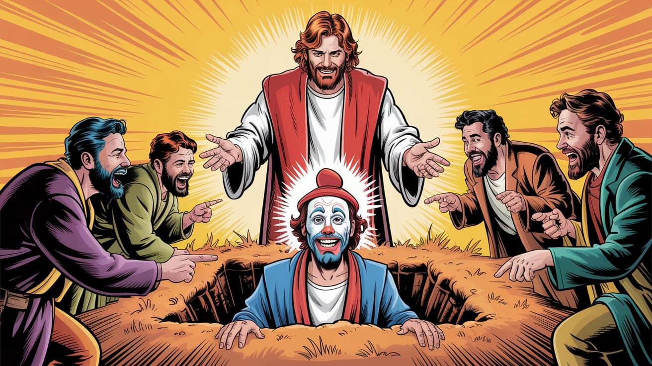 The disciples prank Jesus by putting clown makeup on Lazarus...