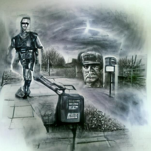 Terminator Postman in Wythenshawe Charcoal Drawing