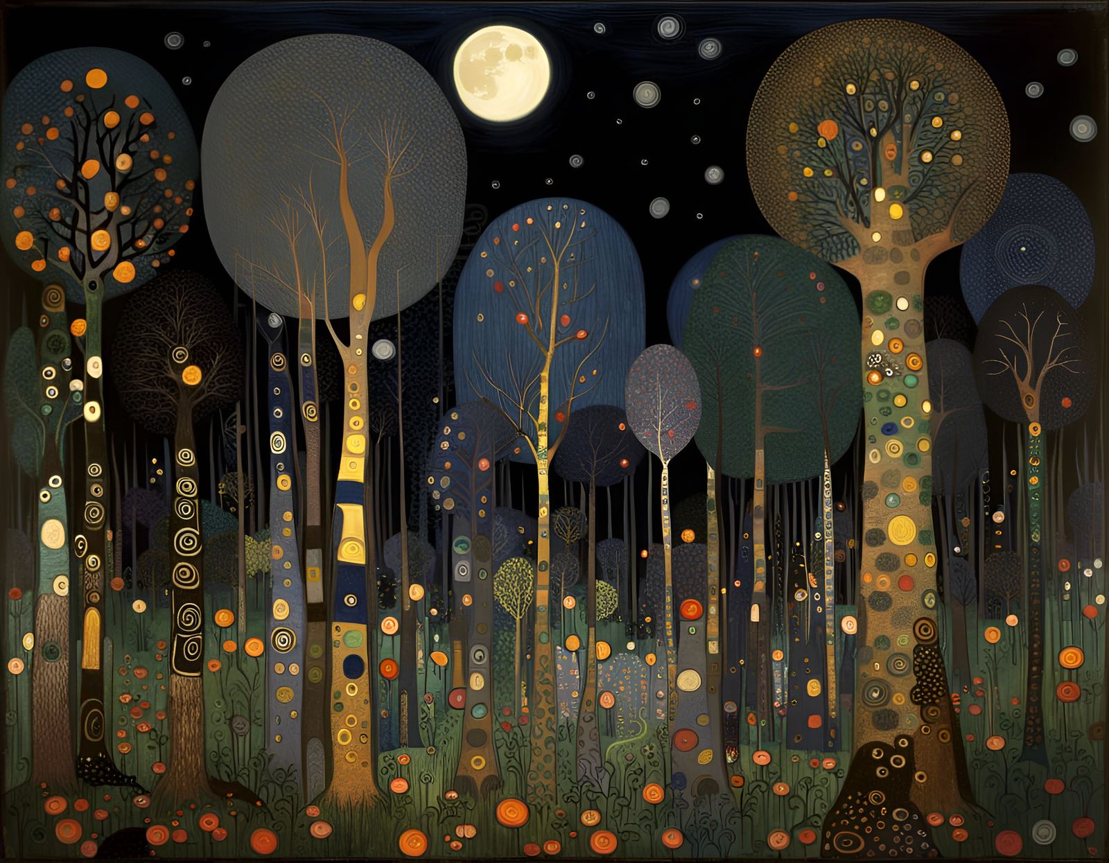 Gothic Moonlit Forest in Art Nouveau Style