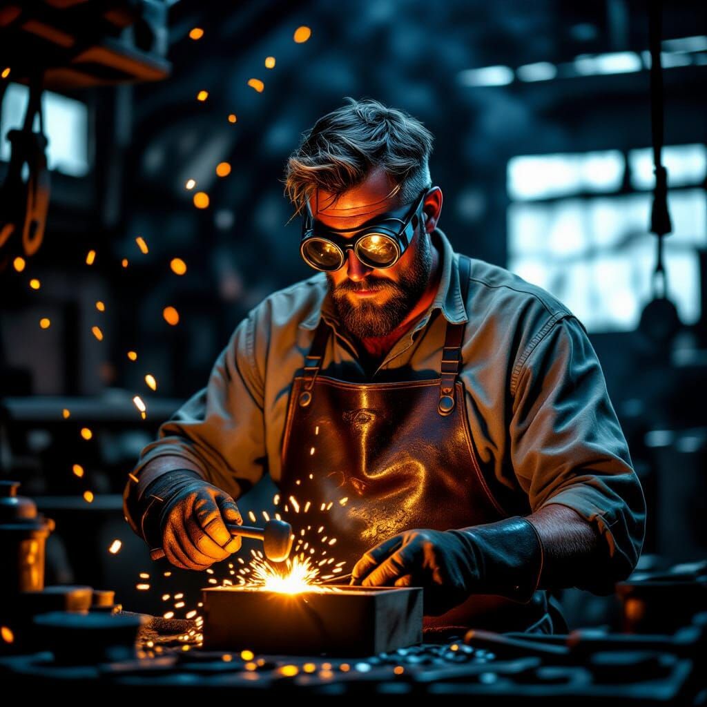 Blacksmith Crafts Metal Box in Dim Forge: Hyperrealistic Ima...