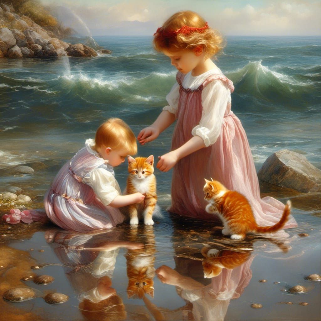 Toddler Siblings Play with Kittens by the Sea