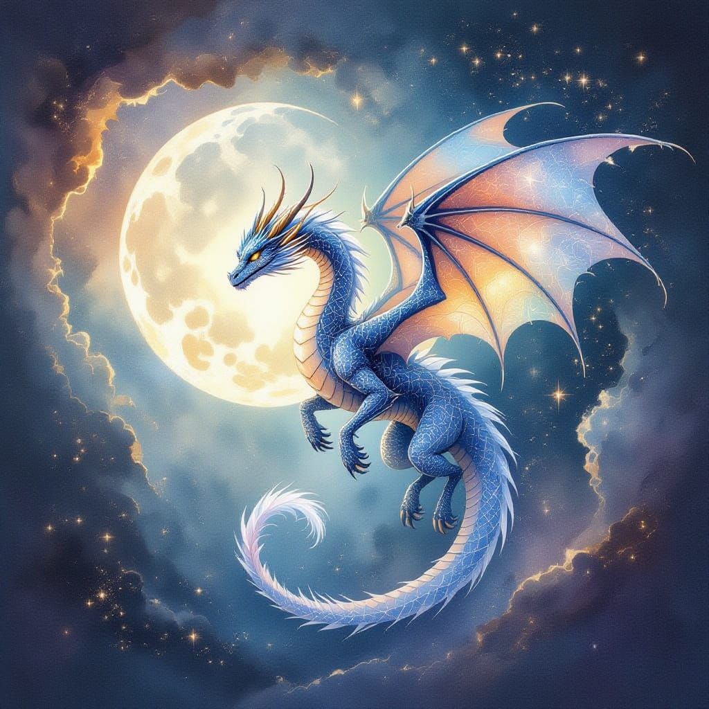 Ethereal Dragon Guarding Cosmic Gateway in Watercolor Style