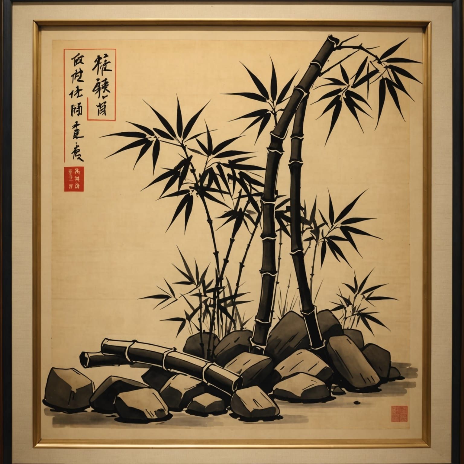 Chinese Ink Painting of Bamboo and Rocks