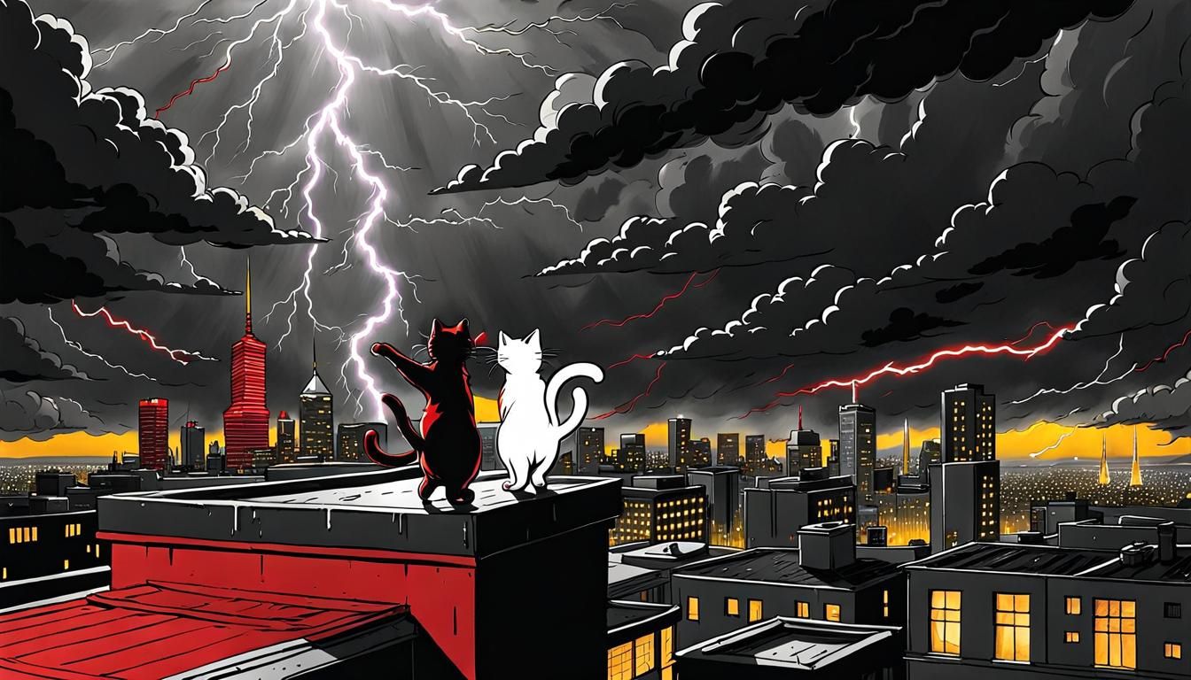Cats Dancing on Skyscraper in Simpson's Art Style
